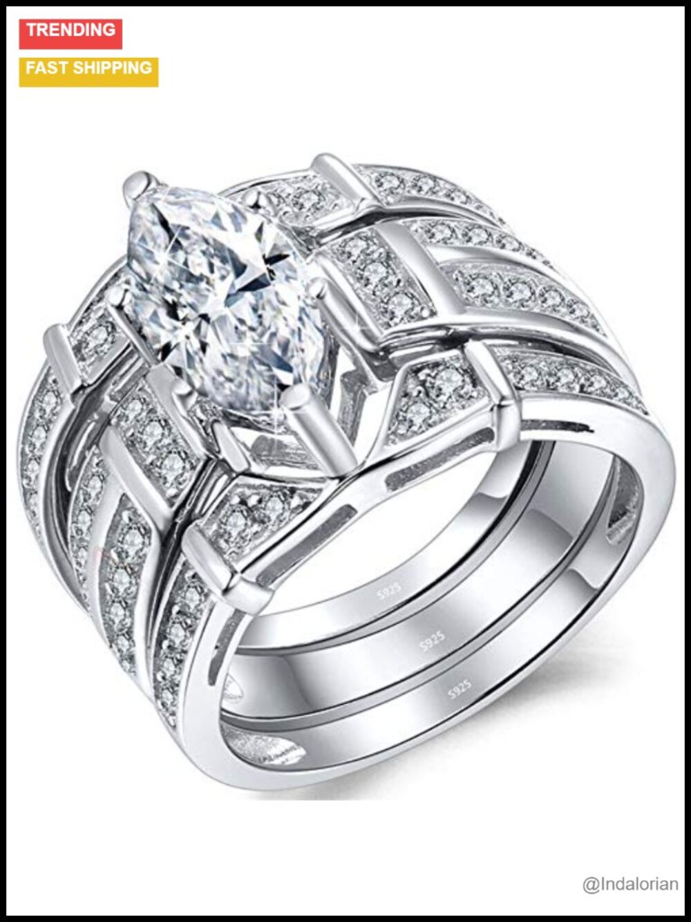 Sterling Silver CZ Marquise Wedding Ring Set Bridal Anniversary